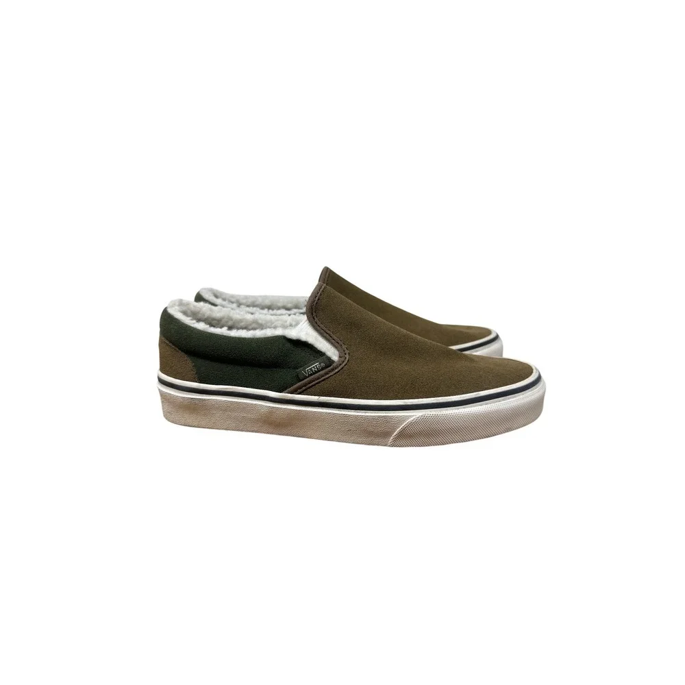 Vans Classic Slip-On Suede Sherpa Faux Fur Lined Olive Green Mens 6.5 Womens 8